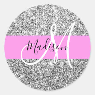 Adesivo Redondo Glam Rosa e Glitter Prateado Faísca Monograma Nome