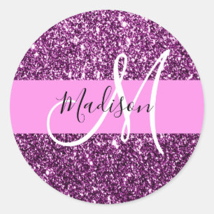 Adesivo Redondo Glam Rosa e Glitter Roxo Monograma Nome