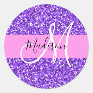 Adesivo Redondo Glam Roxo & Brilho Glitter Monograma Nome