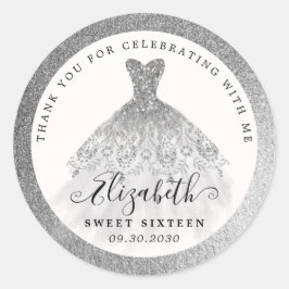 Adesivo Redondo Glam Silver Glitter Vestido 16º Aniversário Obriga
