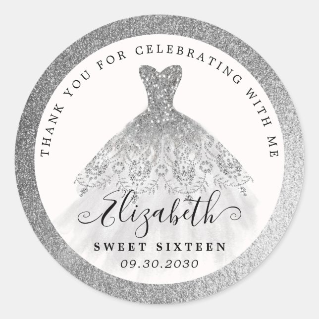 Adesivo Redondo Glam Silver Glitter Vestido 16º Aniversário Obriga (Frente)