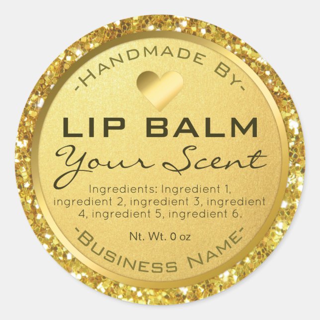 Adesivo Redondo Glam Sparkly Dourado Lip Balm (Frente)