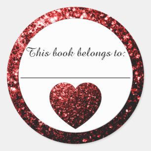 Adesivo Redondo Glamor Red Sparkles Heart Bookplate Sticker