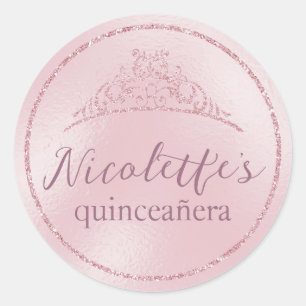 Adesivo Redondo Glamorosa Tiara de Brilho Rosa Quinceañera