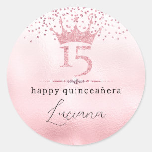 Adesivo Redondo Glamoroso Tiarra de Brilho Rosa Quinceañera Aniver