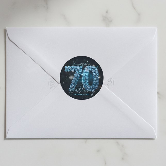 Adesivo Redondo Glamorous Elegant Teal Blue Diamonds 70th Birthday (Criador carregado)