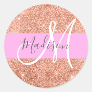 Adesivo Redondo Glamour Feminino Rosa Dourado Glitter Monograma No