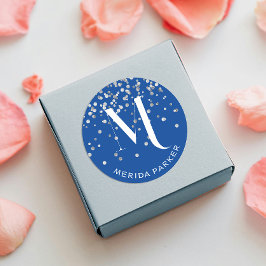 Adesivo Redondo Glamouroso Glitter Prata Azul Monograma Nome