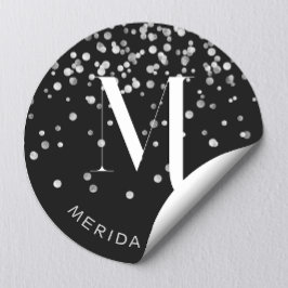 Adesivo Redondo Glamouroso Glitter Prata Monograma Preto Nome Styl