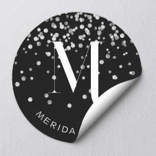 Adesivo Redondo Glamouroso Glitter Prata Monograma Preto Nome Styl