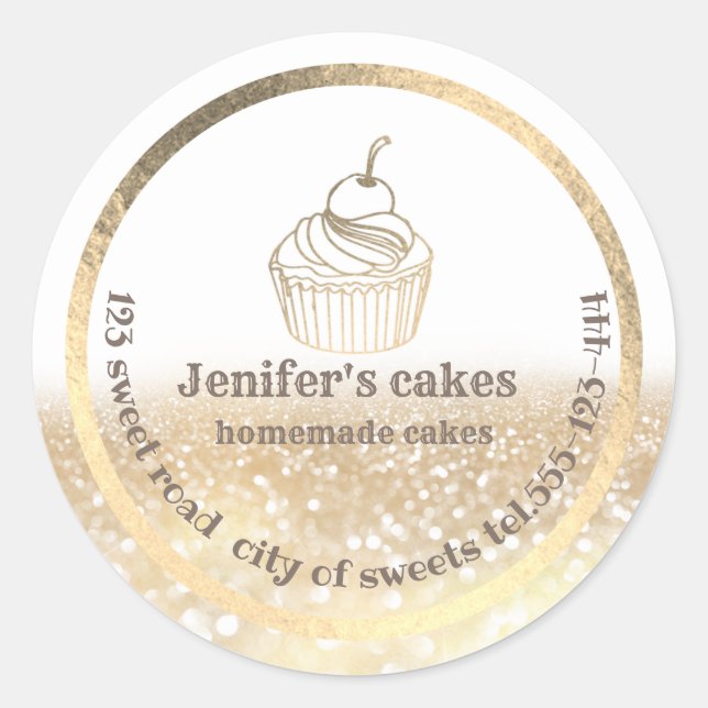 Adesivo Redondo Gliteria Dourada Bolos caseiros e embalagens para  (Frente)