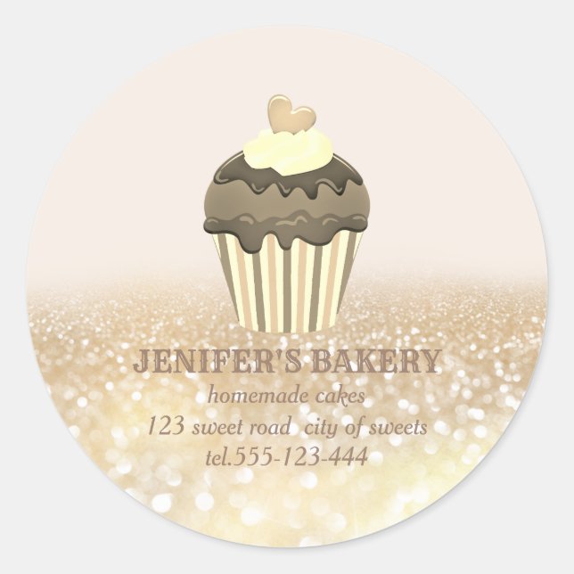 Adesivo Redondo Gliteria dourada em vinheta cupcakes caseiros e do (Frente)