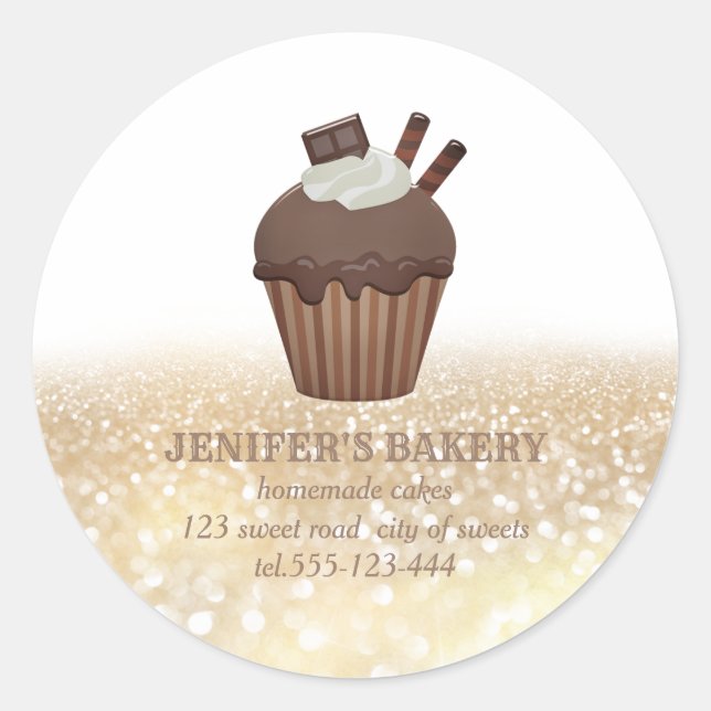 Adesivo Redondo Gliteria dourada em vinheta cupcakes caseiros e do (Frente)