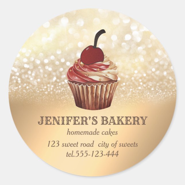 Adesivo Redondo Gliteria dourada em vinheta cupcakes caseiros e do (Frente)