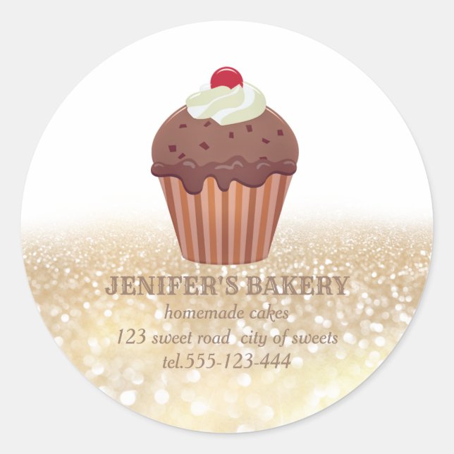Adesivo Redondo Gliteria dourada em vinheta cupcakes caseiros e do (Frente)