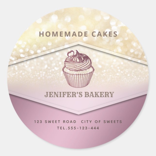 Adesivo Redondo Gliteria dourada em vinheta cupcakes caseiros e do (Frente)
