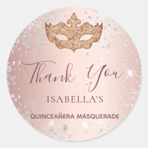 Adesivo Redondo Glitor de ouro com mascarada rosa de Quinceanera O