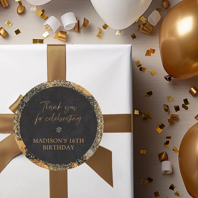 Adesivo Redondo Glitter Chic Personalizado Preto e Dourado Obrigad (Criador carregado)