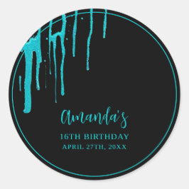 Adesivo Redondo Glitter Chic Teal Drips Doce 16 Aniversário