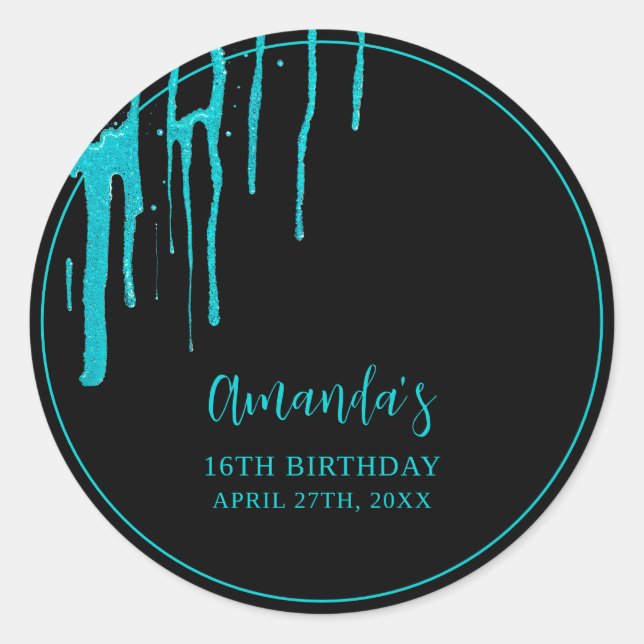 Adesivo Redondo Glitter Chic Teal Drips Doce 16 Aniversário (Frente)