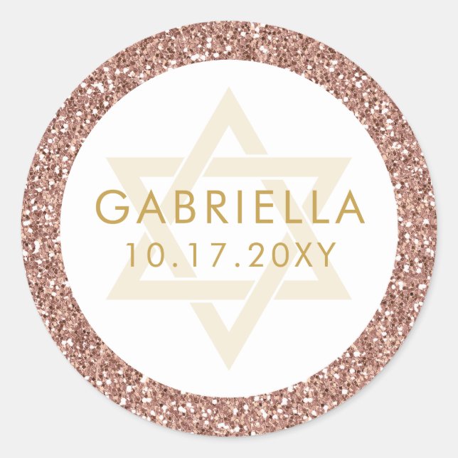 Adesivo Redondo Glitter Cor-de-Rosa Dourada e Bat Dourado Mitzvah (Frente)