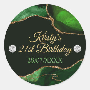Adesivo Redondo Glitter de Ágata Verde e Dourado de Aniversário