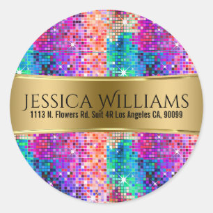 Adesivo Redondo Glitter de Disco Colorido e Modelo Dourado