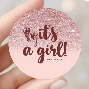 Adesivo Redondo Glitter de Ouro Rosa Blush Pink Ombre É uma Menina