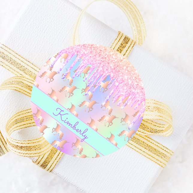 Adesivo Redondo Glitter de unicórnio rosa iridescente dourado rosa (Criador carregado)