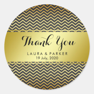 Adesivo Redondo Glitter Dourado Chevron Obrigado Preto De Casament