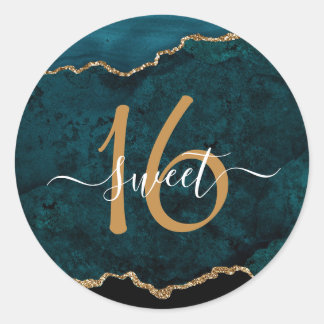 Adesivo Redondo Glitter Dourado Chic Teal Agate Sweet 16