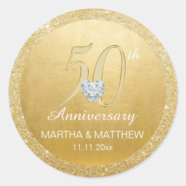 Adesivo Redondo Glitter Dourado de Casamento de 50 Anos Personaliz (Frente)