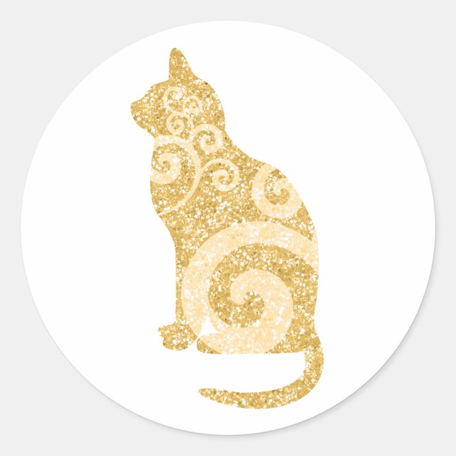 Adesivo Redondo Glitter Dourado de Gato Suave (Frente)
