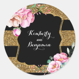 Adesivo Redondo Glitter Dourado e Flores Rosa