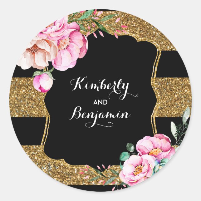 Adesivo Redondo Glitter Dourado e Flores Rosa (Frente)