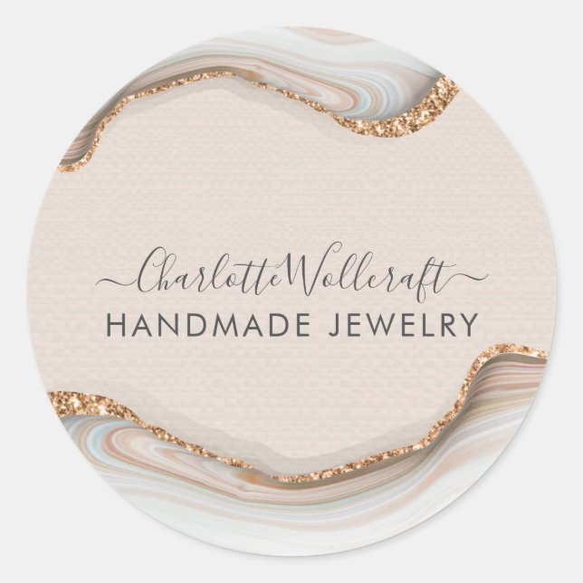 Adesivo Redondo Glitter Dourado rosa Agate Marble Agate Joias feit (Frente)