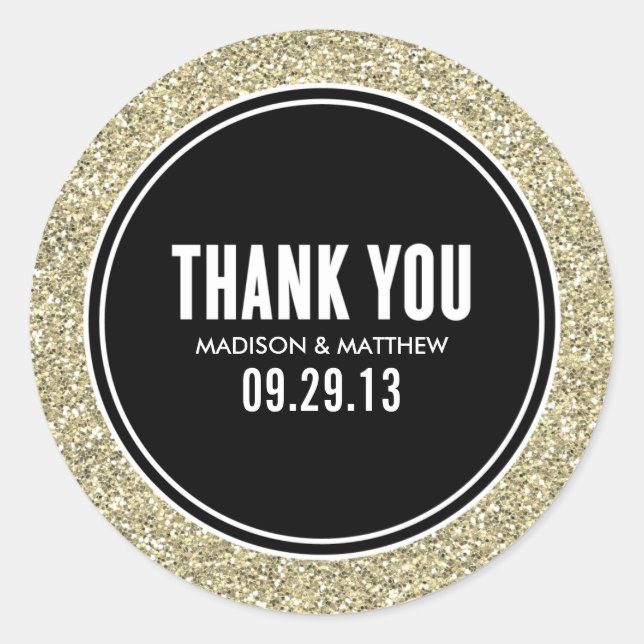 ADESIVO REDONDO GLITTER & DOURADO | RÓTULOS DE FAVOR DE CASAMENTO (Frente)