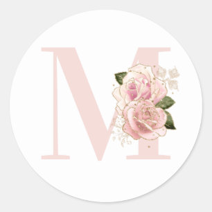 Adesivo Redondo Glitter Floral Blush Monograma de Rosa Dourado Gir