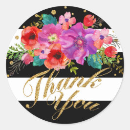 Adesivo Redondo Glitter Floral Dourado De Aquarela Obrigado