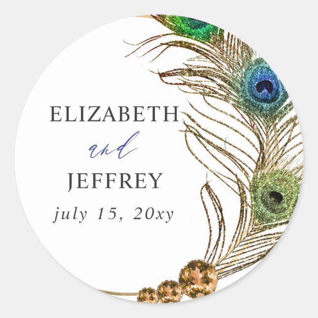 Adesivo Redondo Glitter Gold Blue Peacock Plume Wedding (Frente)