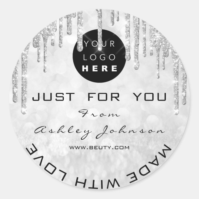 Adesivo Redondo Glitter Obrigado Logotipo Feito Com Cinza De Prata (Frente)