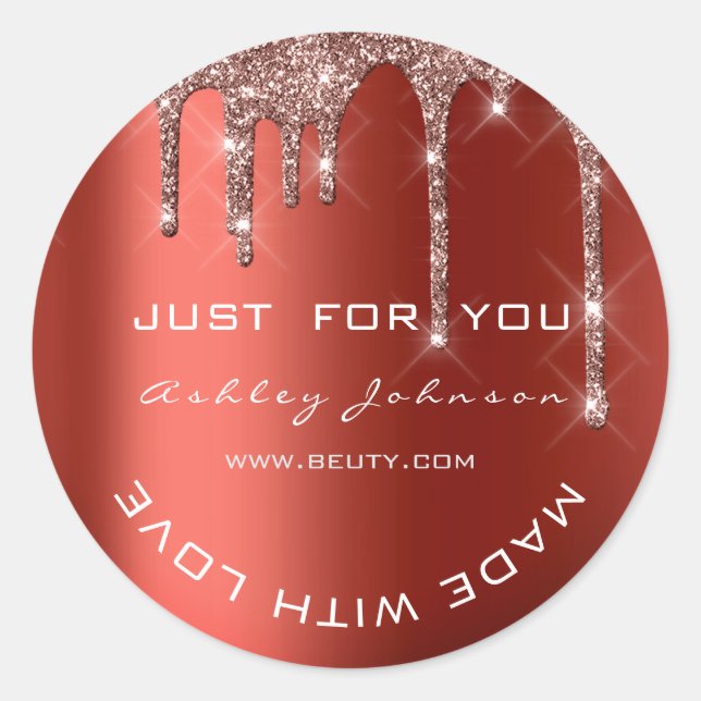 Adesivo Redondo Glitter Obrigado Rosa Red Made Small Business (Frente)