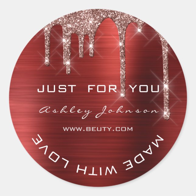 Adesivo Redondo Glitter Obrigado Rosa Vermelho Feito Com Pequeno B (Frente)