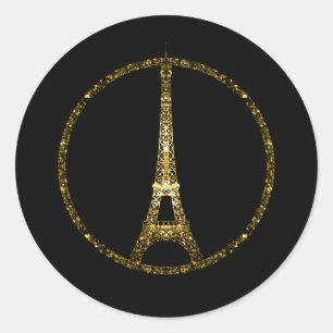 Adesivo Redondo Glitter ouro em Torre Eiffel brilha em preto