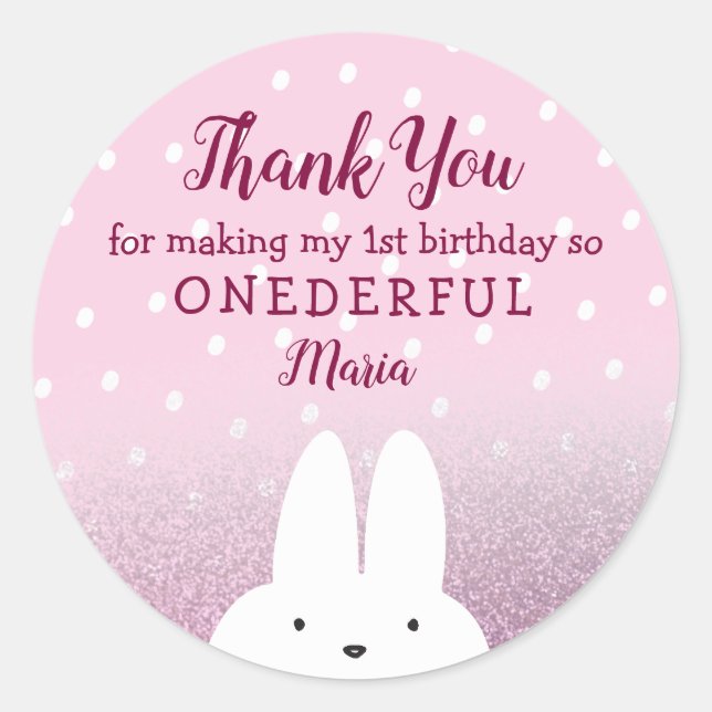 Adesivo Redondo Glitter Pink Bunny Onederland 1st (Frente)