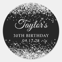 Adesivo Redondo Glitter prateado e aniversário de 30 anos preto