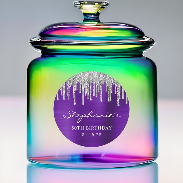 Adesivo Redondo Glitter prateado púrpura violeta 50º aniversário (Create your own dripping silver glitter purple stickers.)