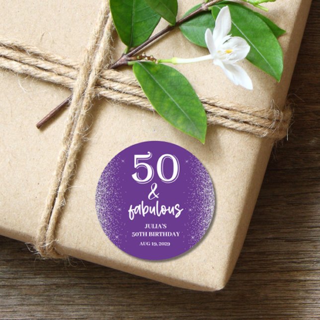 Adesivo Redondo Glitter prateado roxo 50ª Festa de aniversário (Criador carregado)