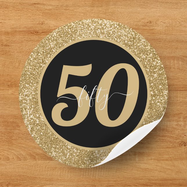 Adesivo Redondo Glitter Preto e Dourado 50 Anos 50 Anos 50. Aniver (Black & Gold Glitter 50 Fifty Years 50th Birthday Classic Round Sticker
)