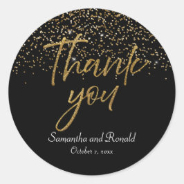Adesivo Redondo Glitter Preto e Dourado Obrigado Casamento